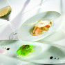 Raviole de langoustine beurre au vin Jaune, Fenouil et pomme verte, noix écrasée & Langoustines en ravioli de thé vert Matcha