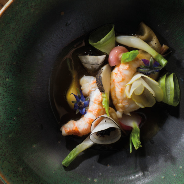 Langoustines dashi, gingembre mariné