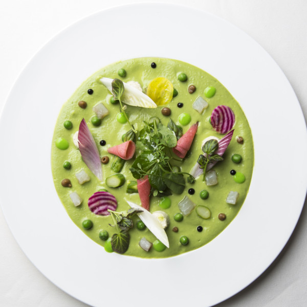 Velouté de petits pois à l’huile de cresson, bouchées de Vougeot à la moutarde, dos de sandre fumé et purée d’oignons