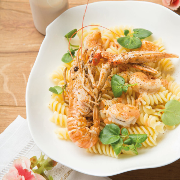 Fusilli aux langoustines et épinards