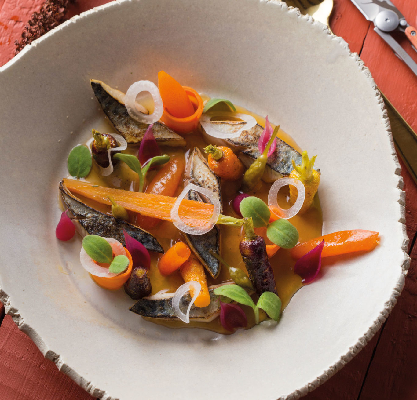 Recette Maquereaux, bouillon dashi, carotte Arts & Gastronomie