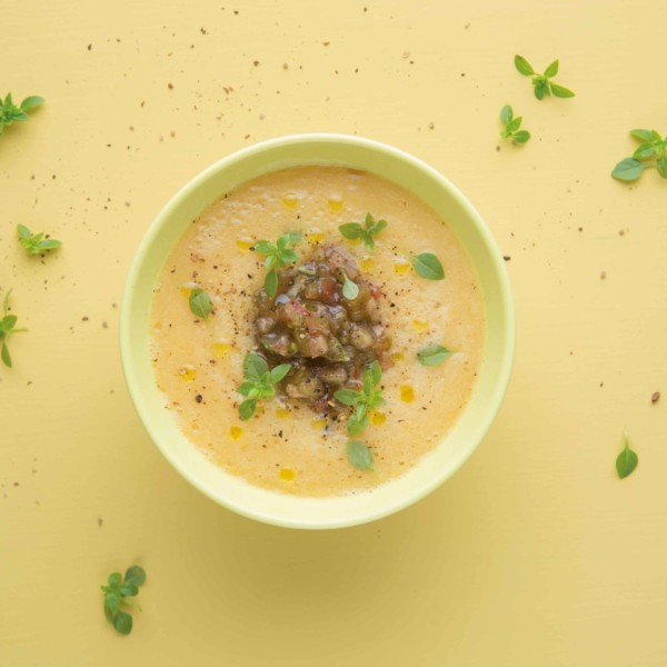 Gaspacho de tomate jaune, tartare de tomate noire