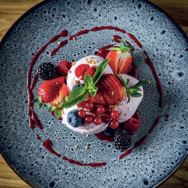 Café gourmand Bruno Thibert salade mousse meringué fruits rouges