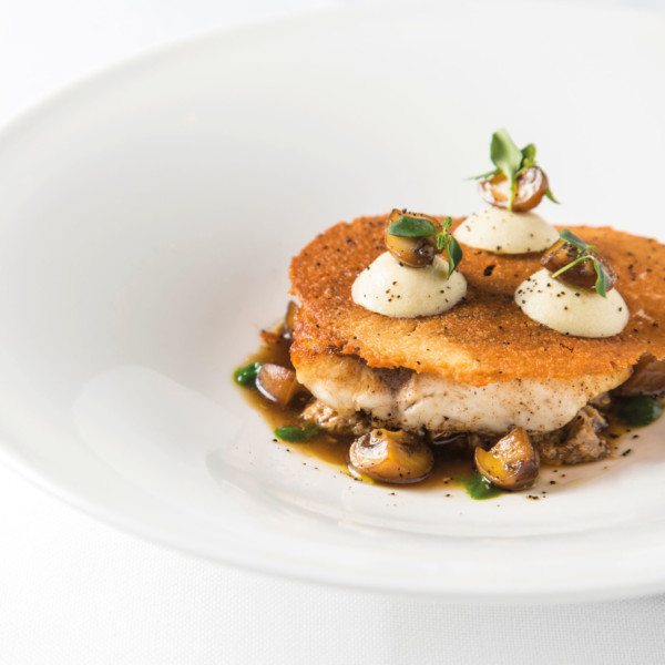 Dos de bar saisi sur peau et champignons, consommé clair, crémeux d’oignons doux et tuile d’ail