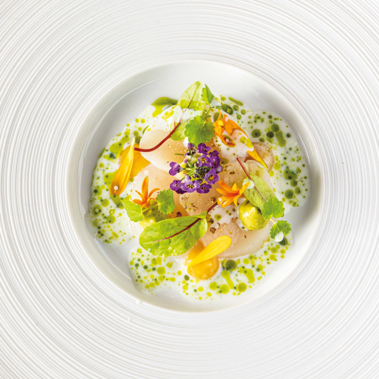 La Saint-Jacques en carpaccio, vinaigrette au lait baratté