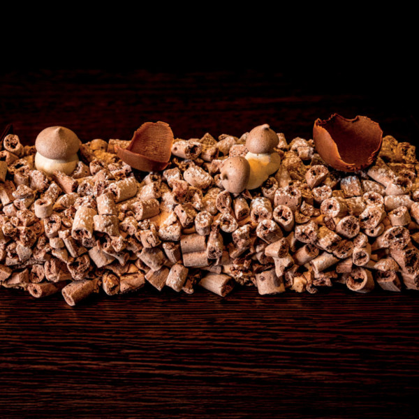 Concorde : meringue cacao, mousse chocolat au lait, copeaux de meringue chocolatée