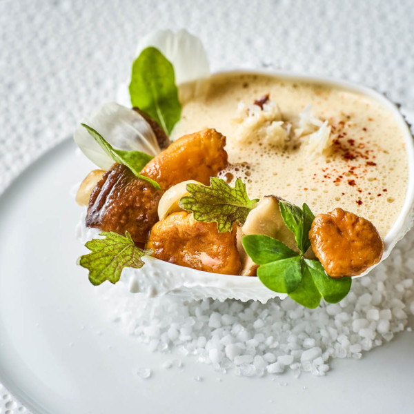 Araignée de mer, gelée de petits pois, émulsion froide d’américaine, pickles de champignons