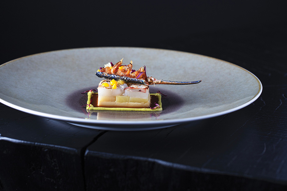 Camaron Bleu millefeuille poireau bisque de crabe